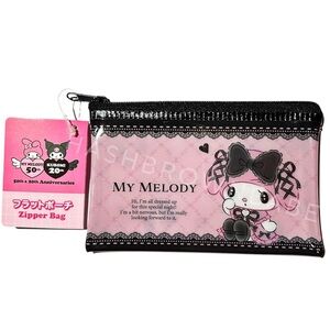 Sanrio Japan My Melody Flat Small Zipper Bag, Cute Kawaii Goth Pink And Black